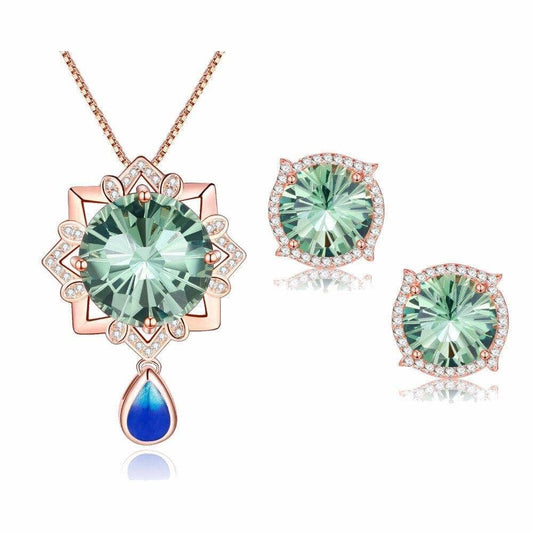 Rose Gold Peacock Green Crystal Jewelry Set Include Necklace + Earrings
