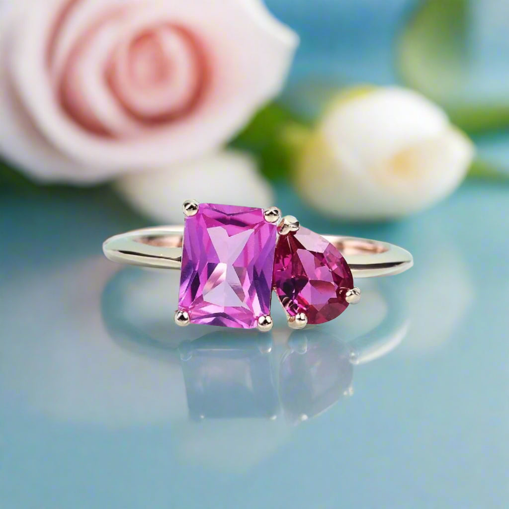 Rose Gold Pear & Emerald Cut Solitaire Engagement Ring-Black Diamonds New York