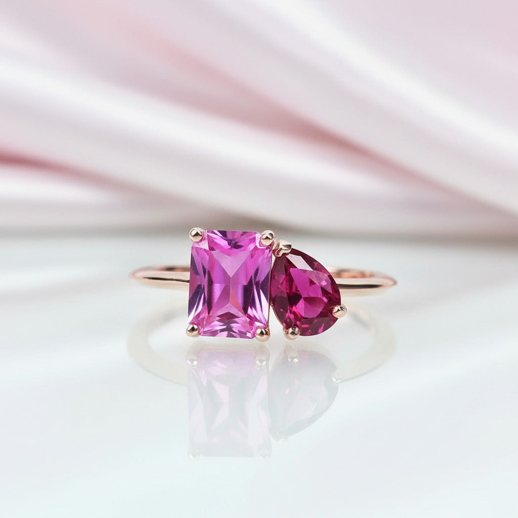 Rose Gold Pear & Emerald Cut Solitaire Engagement Ring-Black Diamonds New York