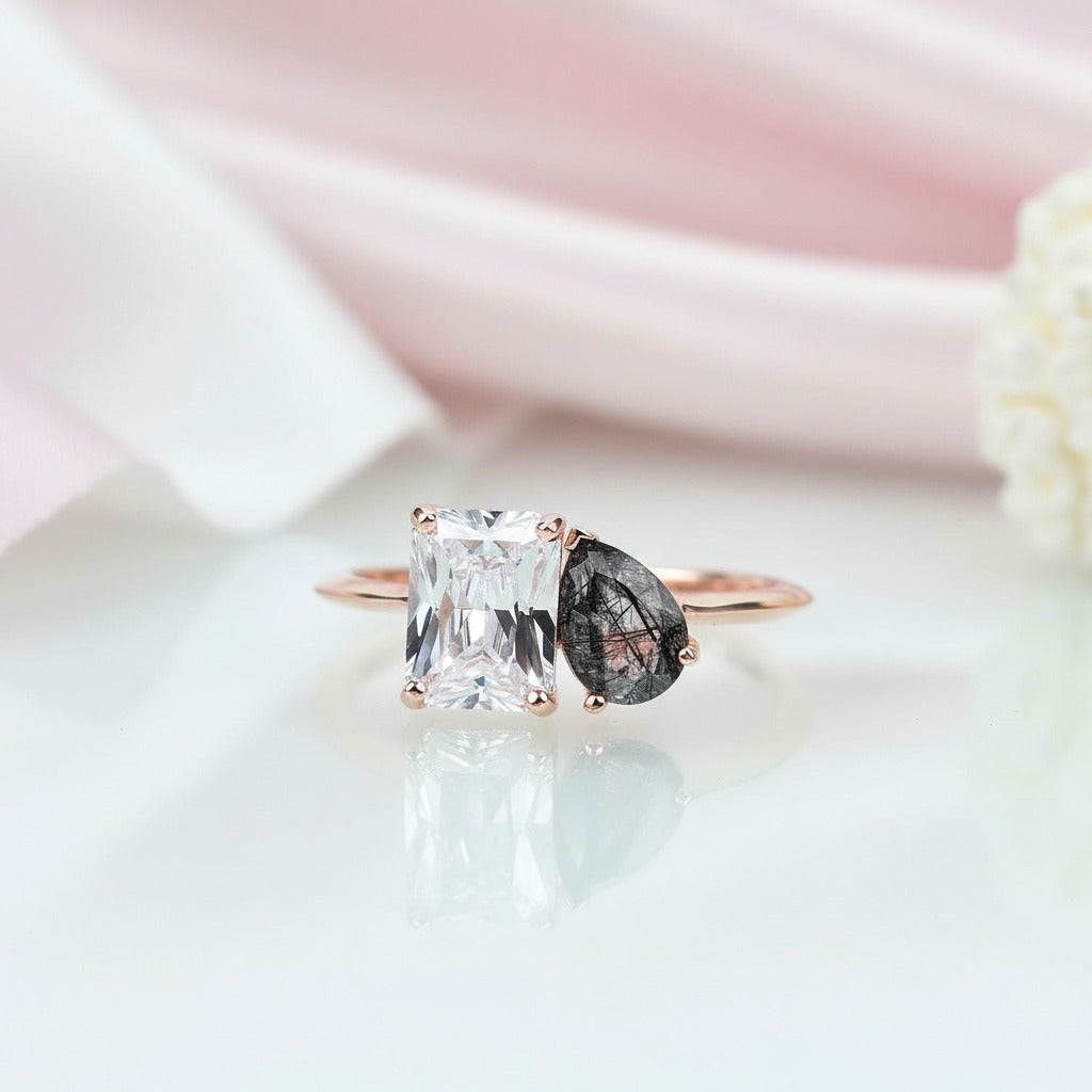 Rose Gold Pear & Emerald Cut Solitaire Engagement Ring-Black Diamonds New York