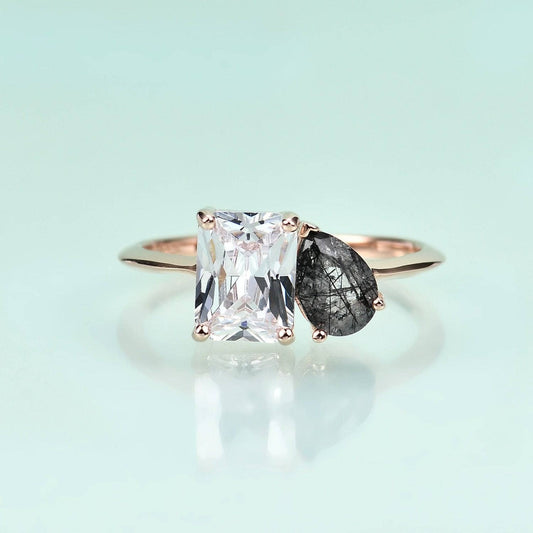 Rose Gold Pear Princess Cut Solitaire Engagement Ring - Black Diamonds New York
