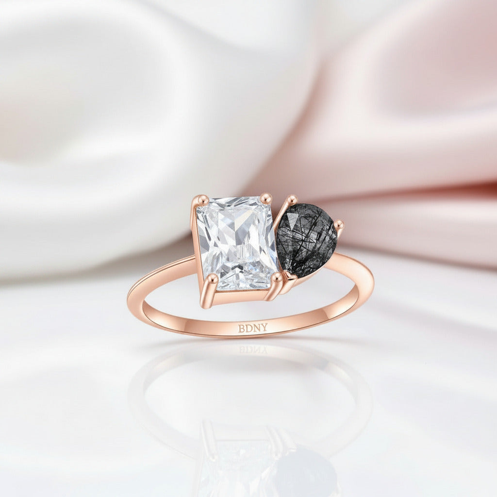 Rose Gold Pear & Emerald Cut Solitaire Engagement Ring-Black Diamonds New York