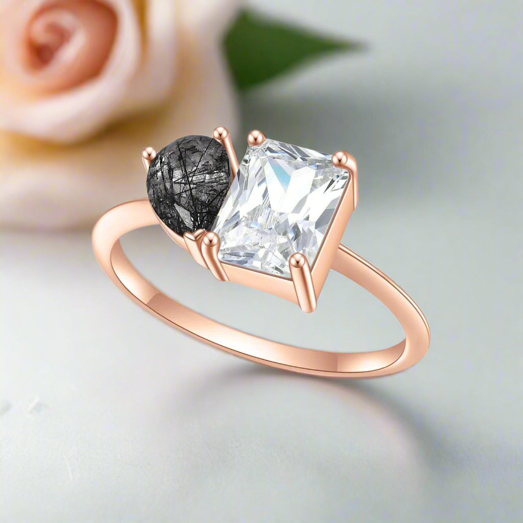 Rose Gold Pear & Emerald Cut Solitaire Engagement Ring-Black Diamonds New York