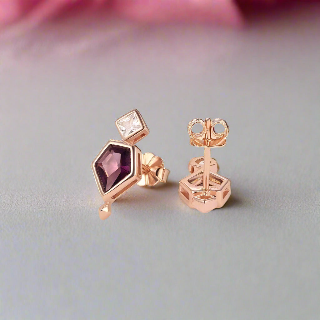 Rose Gold Pentagon Purple Diamond Earrings-Black Diamonds New York