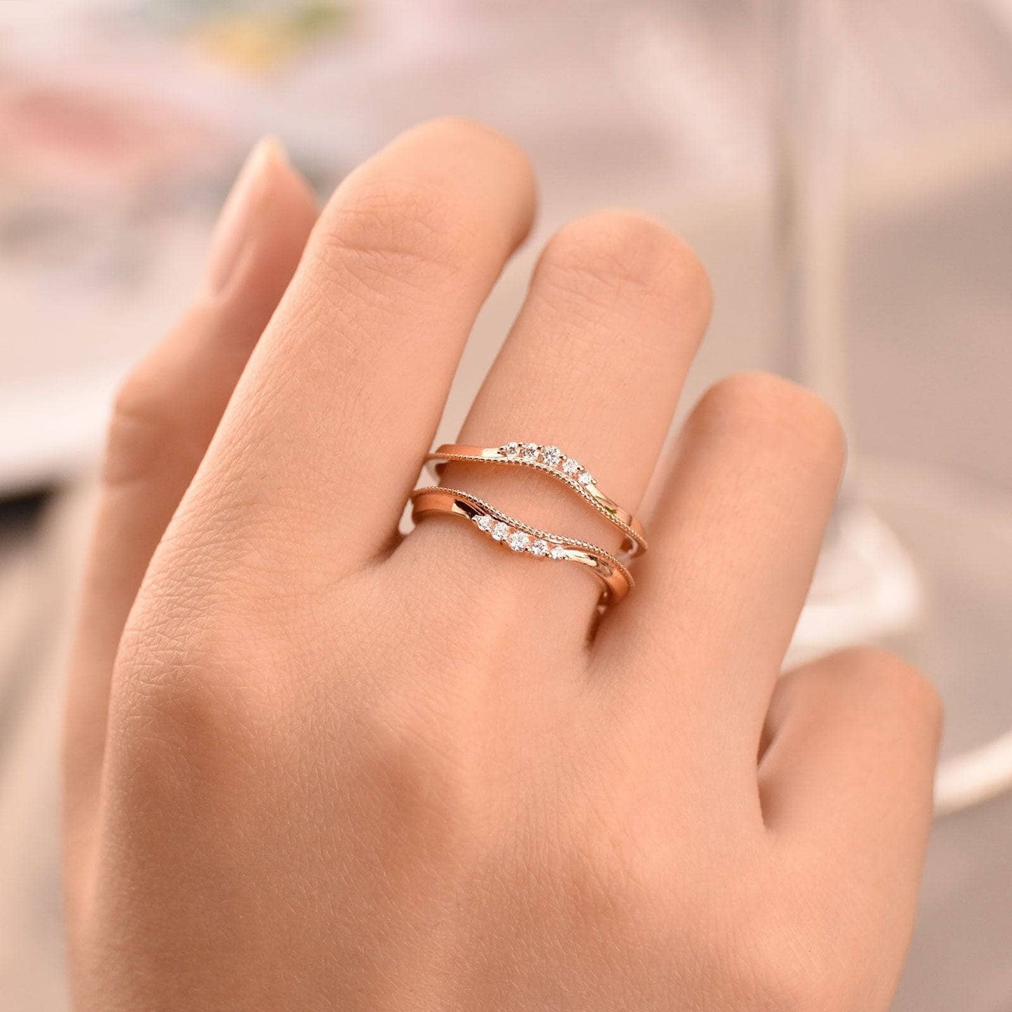 Rose Gold Protective Hollow Wedding Ring - Black Diamonds New York