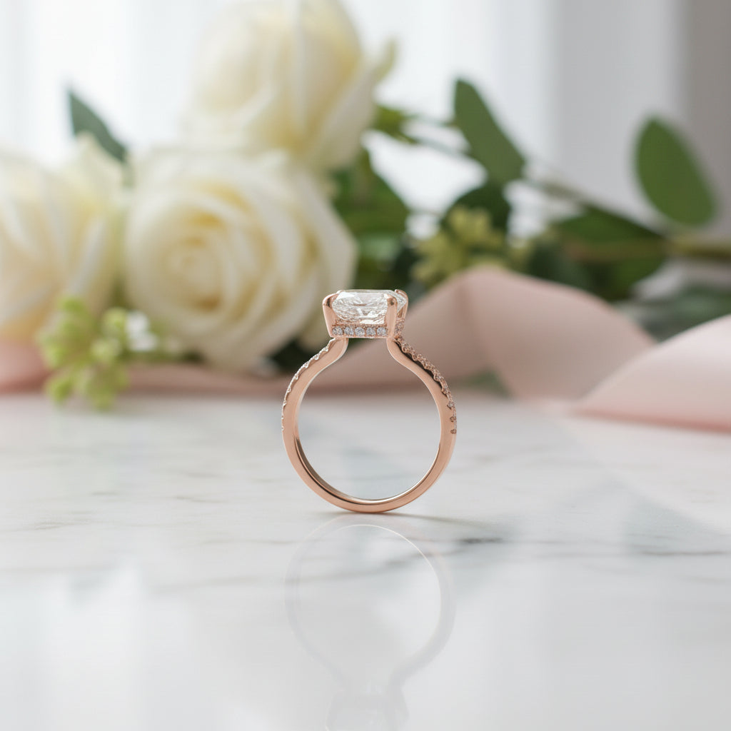 Rose Gold Radiant Cut Diamond Option Engagement Ring 925 Silver +Rose Gold/Moissanite / 6 Rose Gold Radiant Cut Diamond Option Engagement Ring 925 Silver +Rose Gold/Moissanite / 6