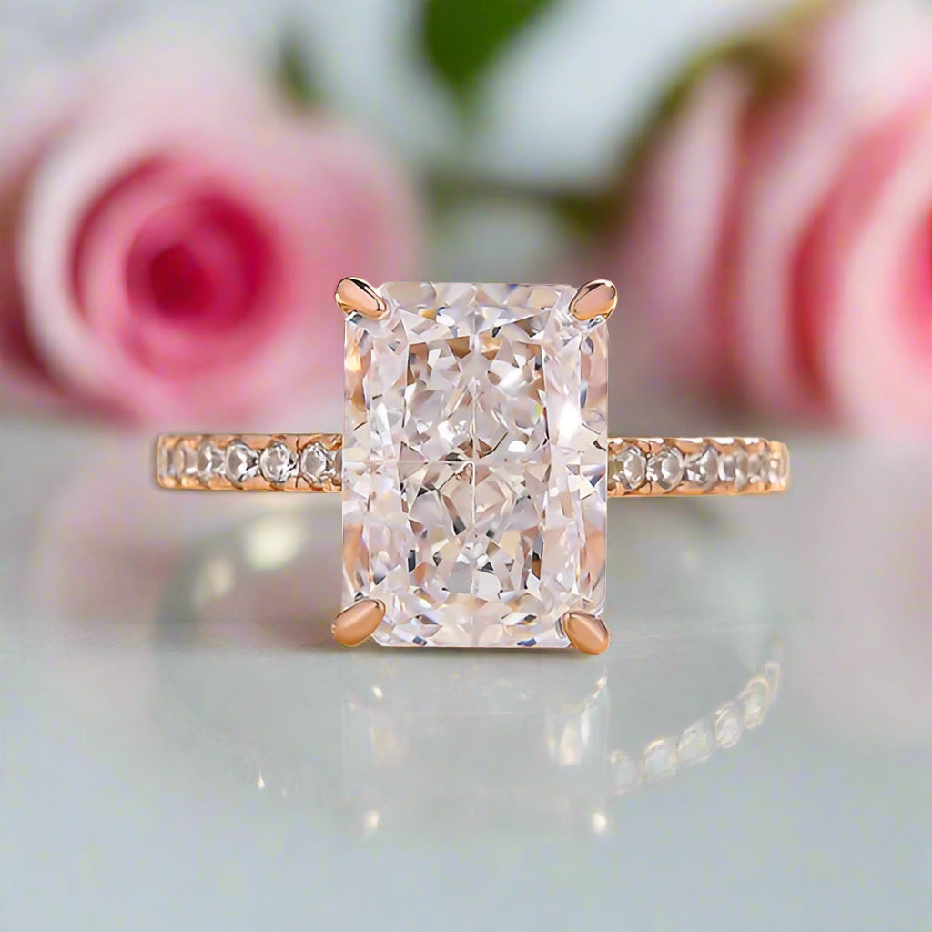 Rose Gold Radiant Cut Diamond Option Engagement Ring 925 Silver +Rose Gold/Moissanite / 6 Rose Gold Radiant Cut Diamond Option Engagement Ring 925 Silver +Rose Gold/Moissanite / 6