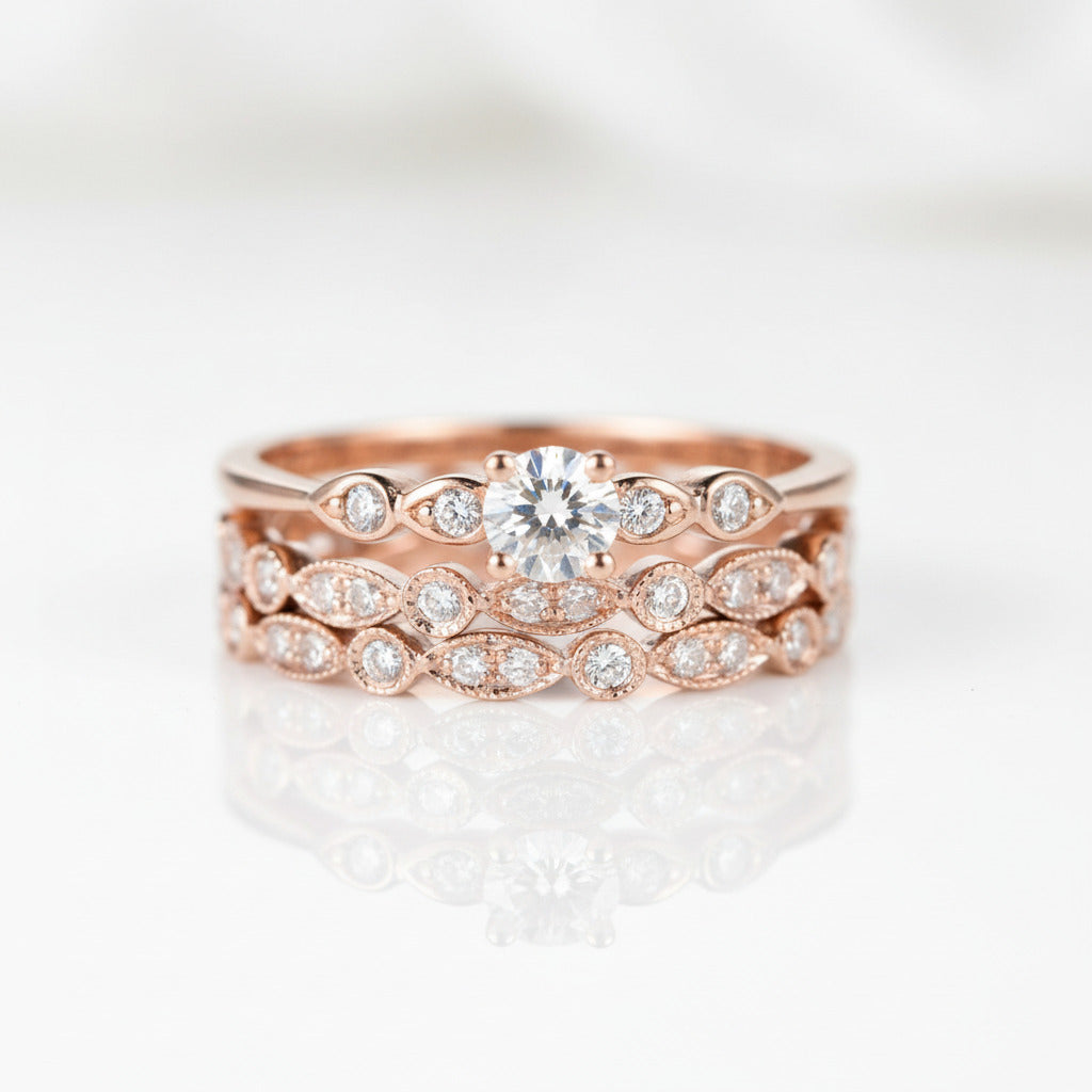 Rose Gold Round Cut 3PC Wedding Ring Set-Black Diamonds New York