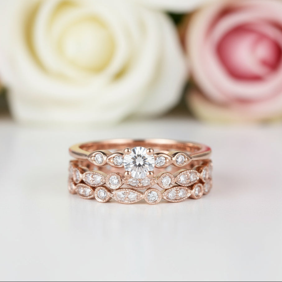 Rose Gold Round Cut 3PC Wedding Ring Set-Black Diamonds New York