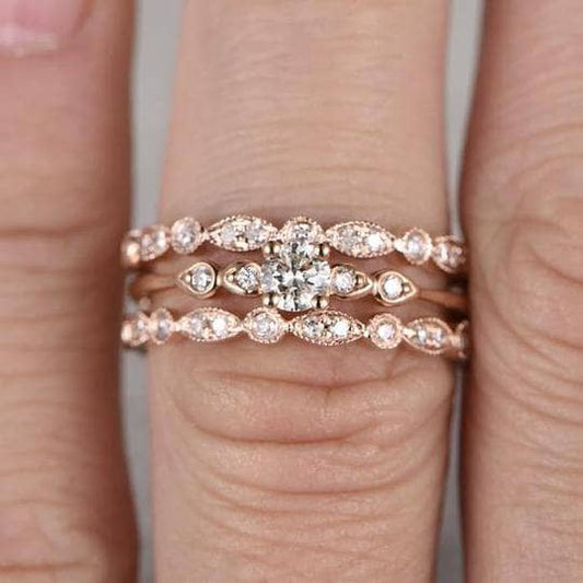Rose Gold Round Cut 3PC Wedding Ring Set-Black Diamonds New York