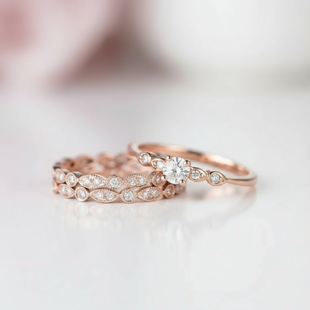 Rose Gold Round Cut 3PC Wedding Ring Set-Black Diamonds New York