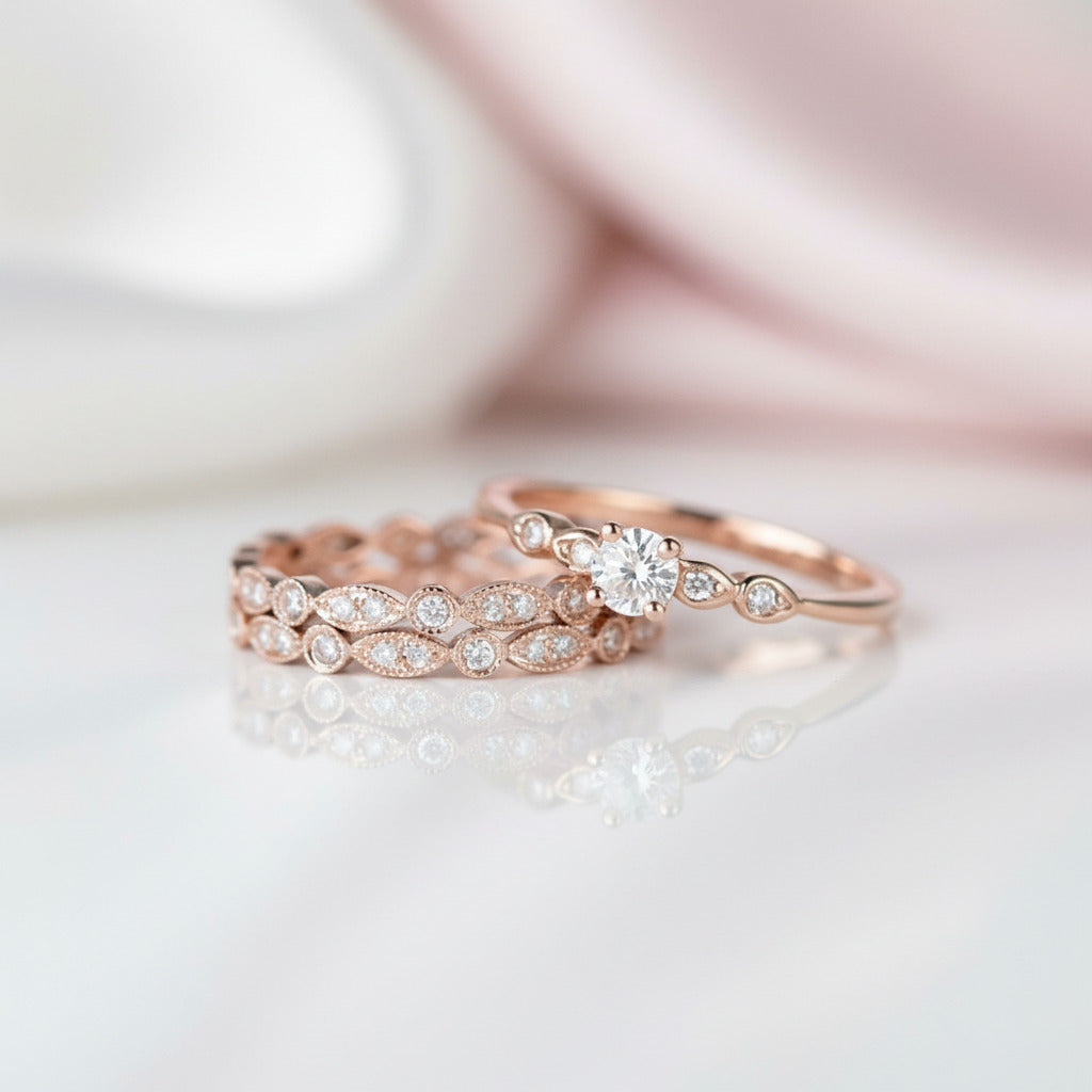 Rose Gold Round Cut 3PC Wedding Ring Set-Black Diamonds New York