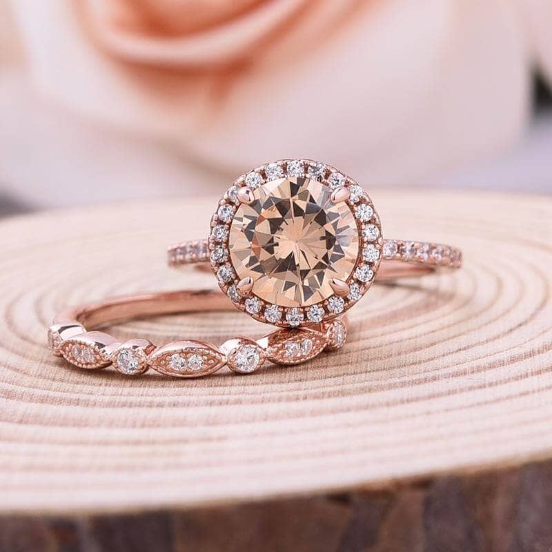 Rose Gold Round Cut Champagne Sapphire Art Deco Wedding Ring Set-Black Diamonds New York