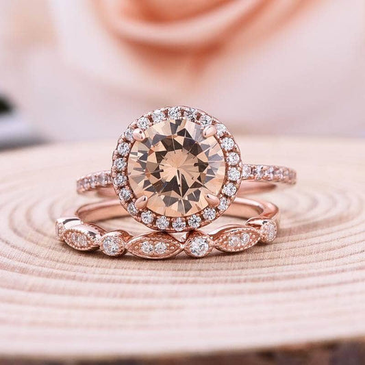 Rose Gold Round Cut Champagne Sapphire Art Deco Wedding Ring Set - Black Diamonds New York
