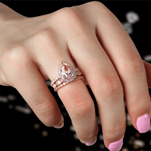Rose Gold Synthetic Morganite Pear Cut Wedding Ring Set-Black Diamonds New York