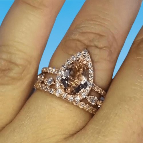 Rose Gold Synthetic Morganite Pear Cut Wedding Ring Set - Black Diamonds New York