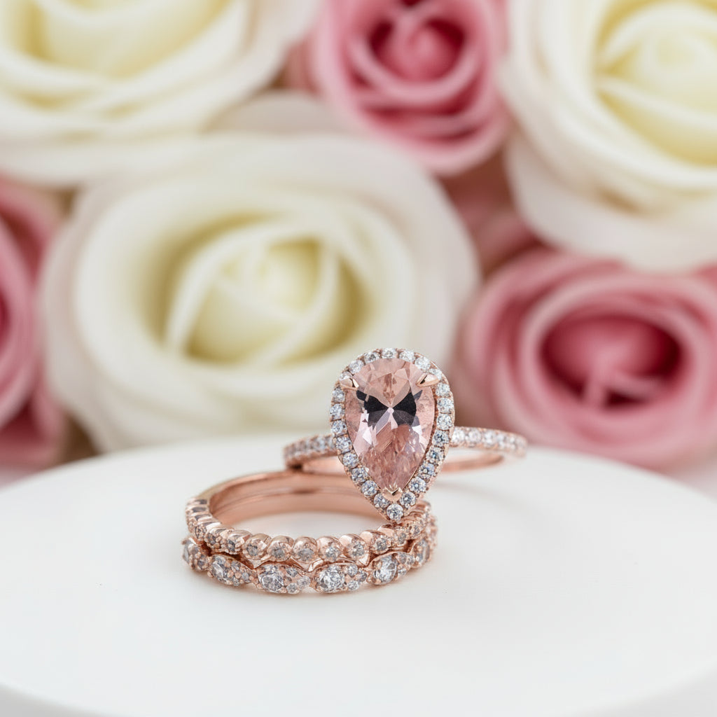 Rose Gold Synthetic Morganite Pear Cut Wedding Ring Set-Black Diamonds New York