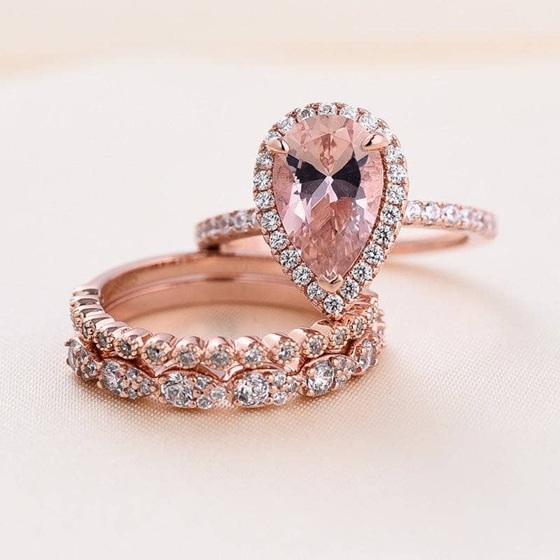 Rose Gold Synthetic Morganite Pear Cut Wedding Ring Set-Black Diamonds New York
