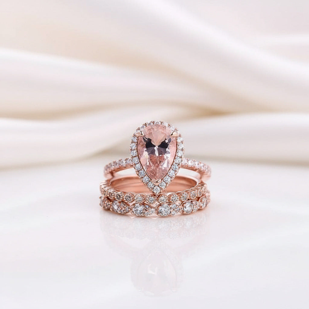 Rose Gold Synthetic Morganite Pear Cut Wedding Ring Set-Black Diamonds New York