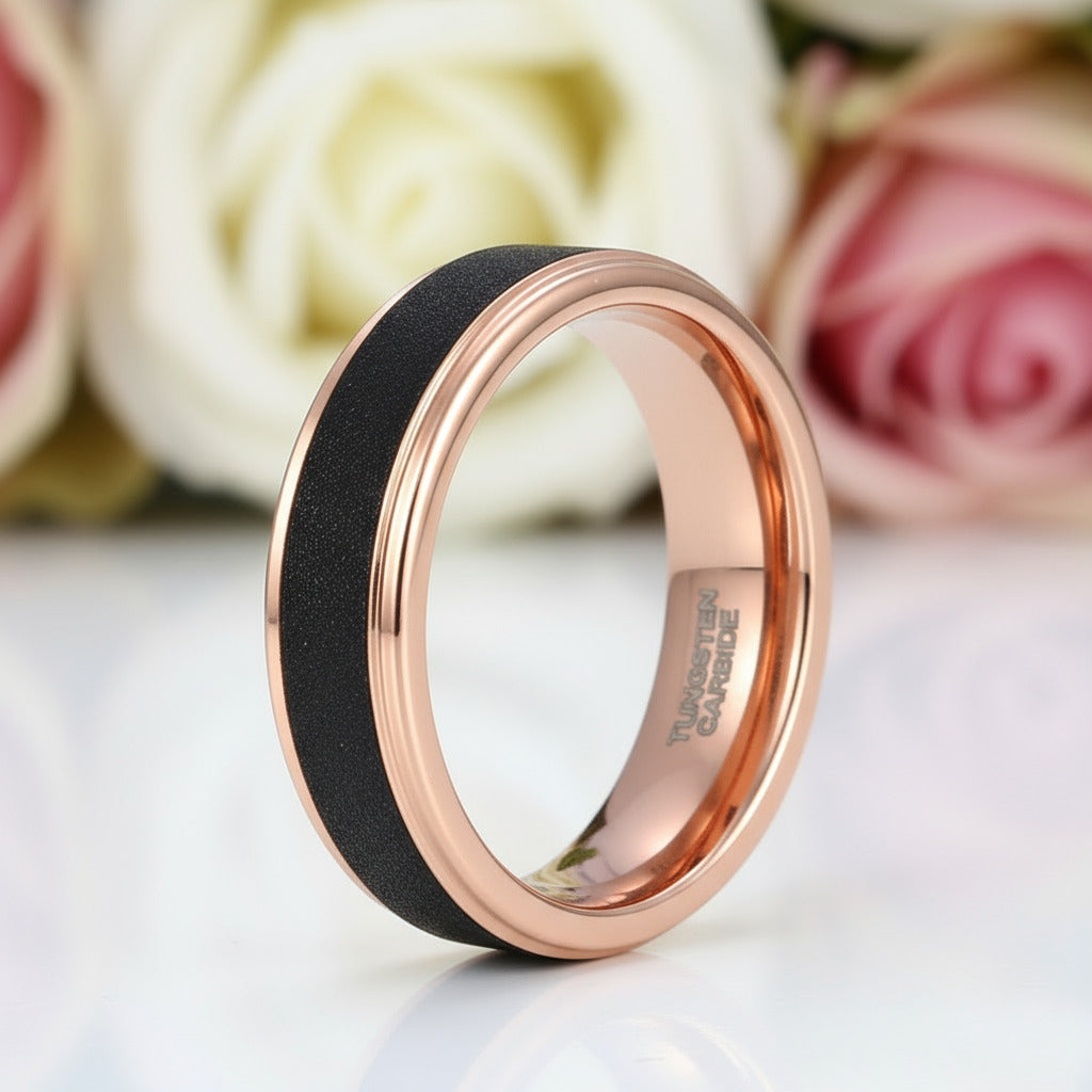 Rose Gold Tungsten Wedding Band with Sandstone Wedding Band-Black Diamonds New York