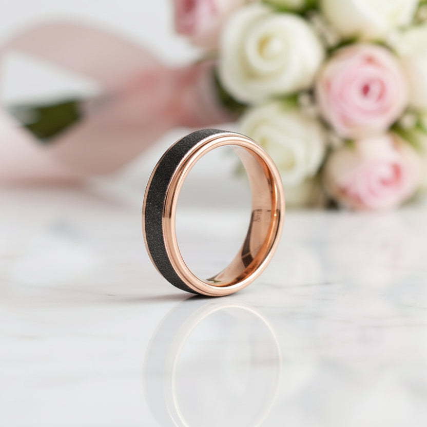 Rose Gold Tungsten Wedding Band with Sandstone Wedding Band-Black Diamonds New York