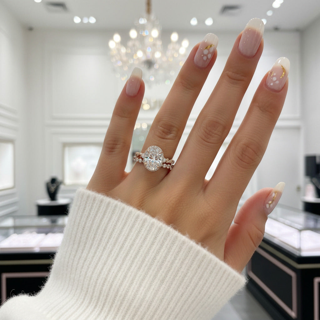 Rose Gold Twist Halo Oval Cut Simulated Diamond Set-Black Diamonds New York