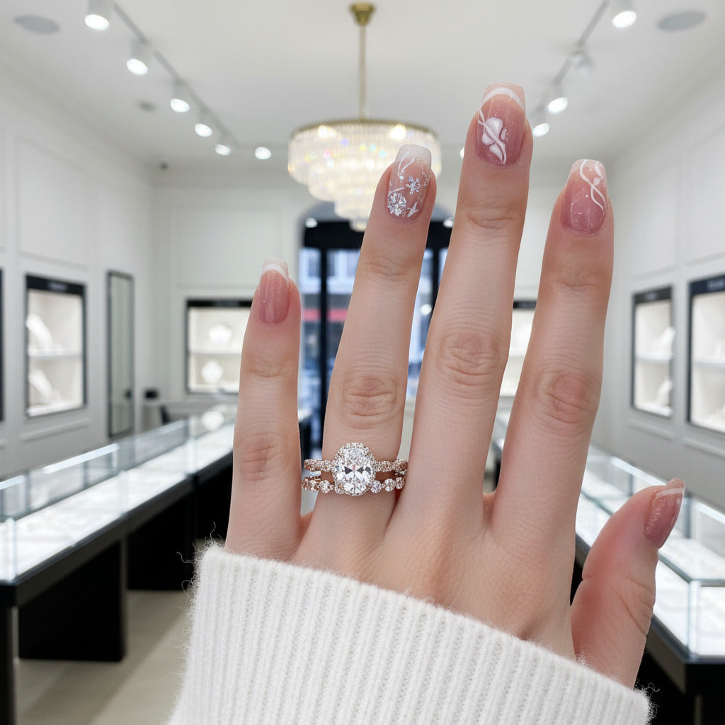 Rose Gold Twist Halo Oval Cut Simulated Diamond Set-Black Diamonds New York