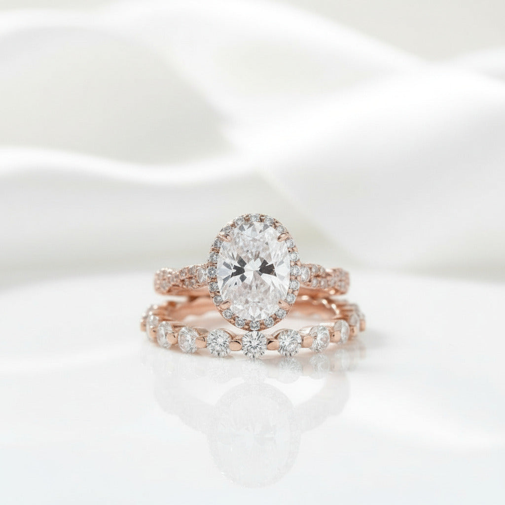 Rose Gold Twist Halo Oval Cut Simulated Diamond Set-Black Diamonds New York