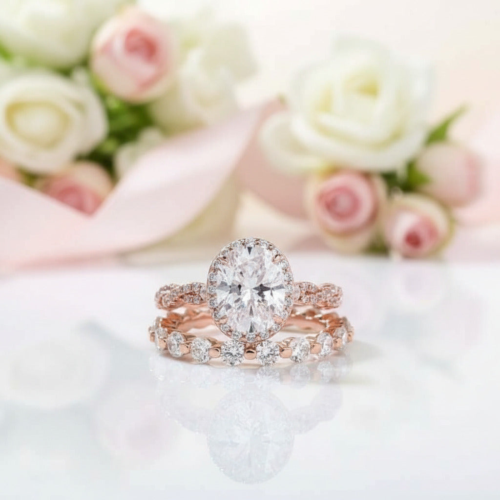 Rose Gold Twist Halo Oval Cut Simulated Diamond Set-Black Diamonds New York