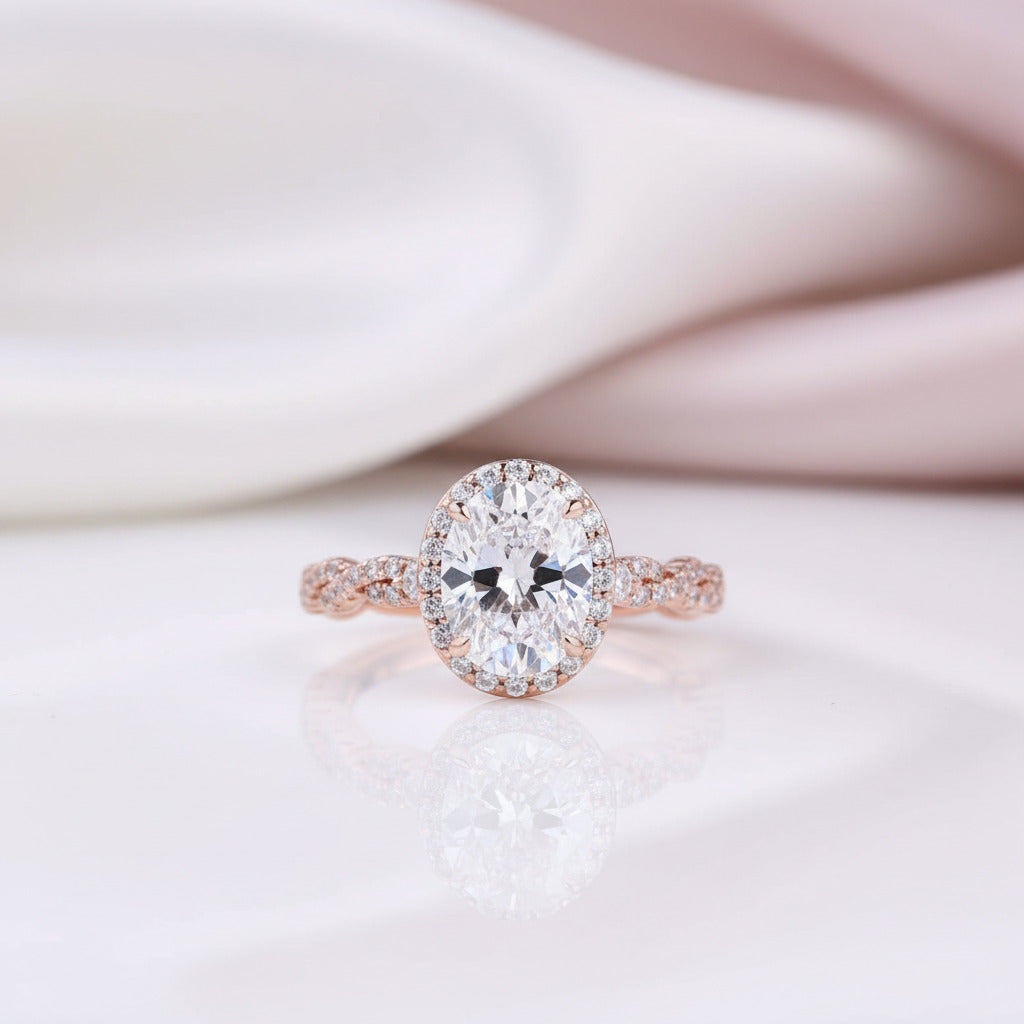 Rose Gold Twist Halo Oval Cut Simulated Diamond Set-Black Diamonds New York