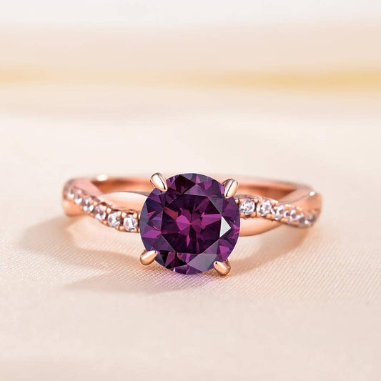Rose Gold Twist Round Cut Amethyst Purple Promise Ring-Black Diamonds New York