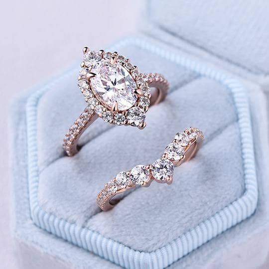 Rose Gold Unique Design Halo Oval Cut Wedding Set-Black Diamonds New York