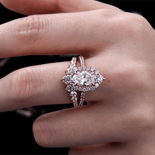 Rose Gold Unique Design Halo Oval Cut Wedding Set-Black Diamonds New York