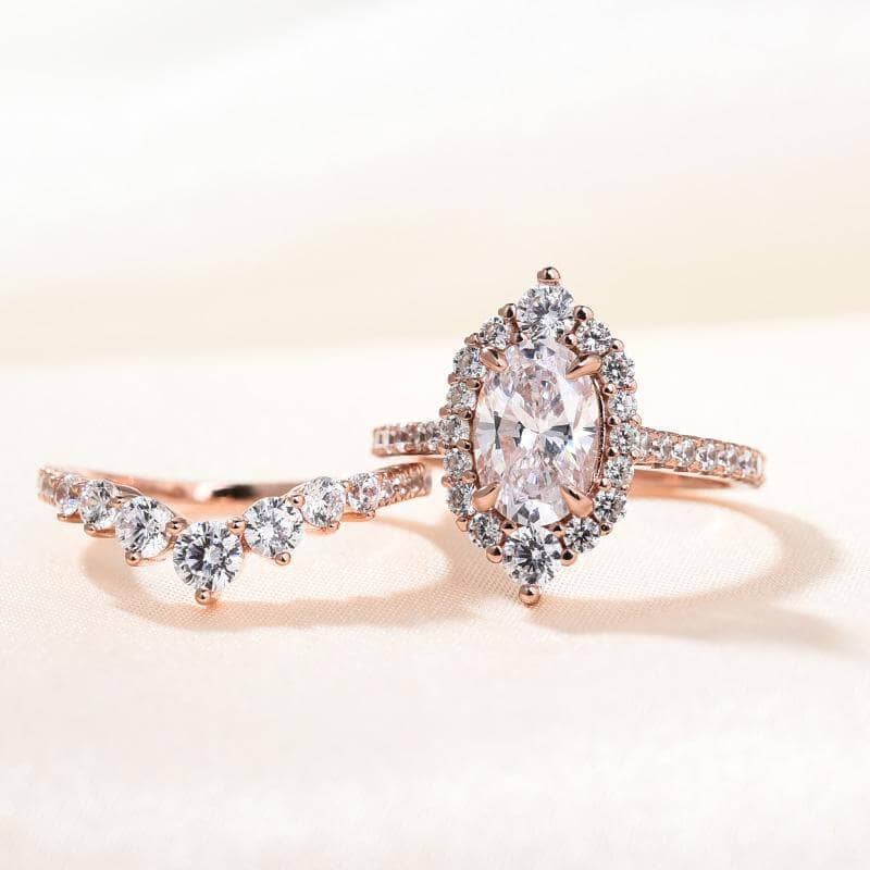 Rose Gold Unique Design Halo Oval Cut Wedding Set - Black Diamonds New York