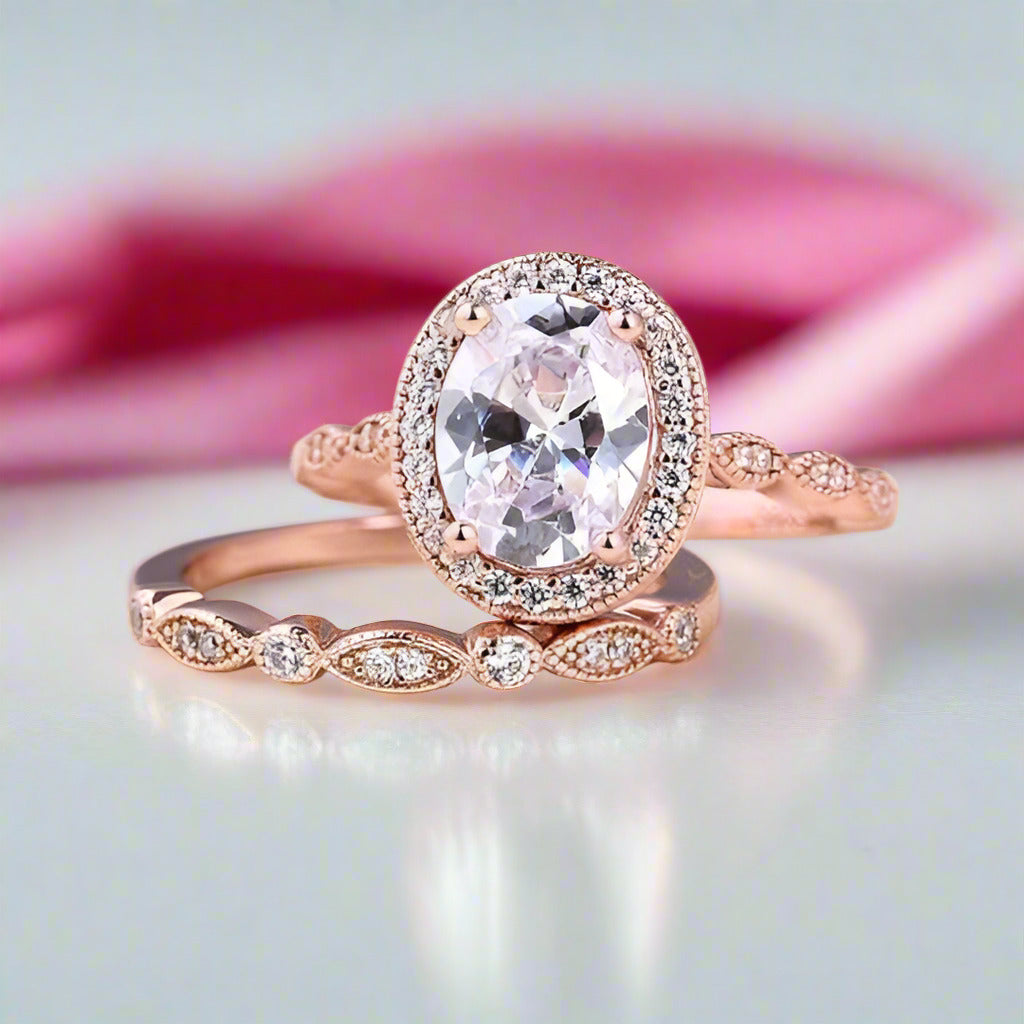 Rose Gold Vintage Leaf & Vine Art Deco Halo Oval Cut Ring Set-Black Diamonds New York