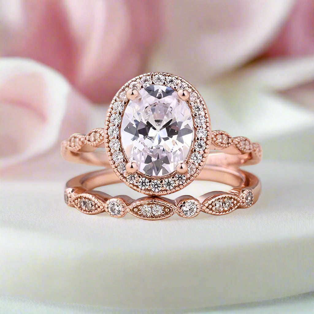 Rose Gold Vintage Leaf & Vine Art Deco Halo Oval Cut Ring Set-Black Diamonds New York