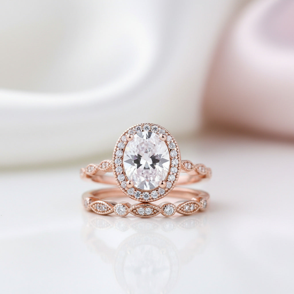 Rose Gold Vintage Leaf & Vine Art Deco Halo Oval Cut Ring Set-Black Diamonds New York
