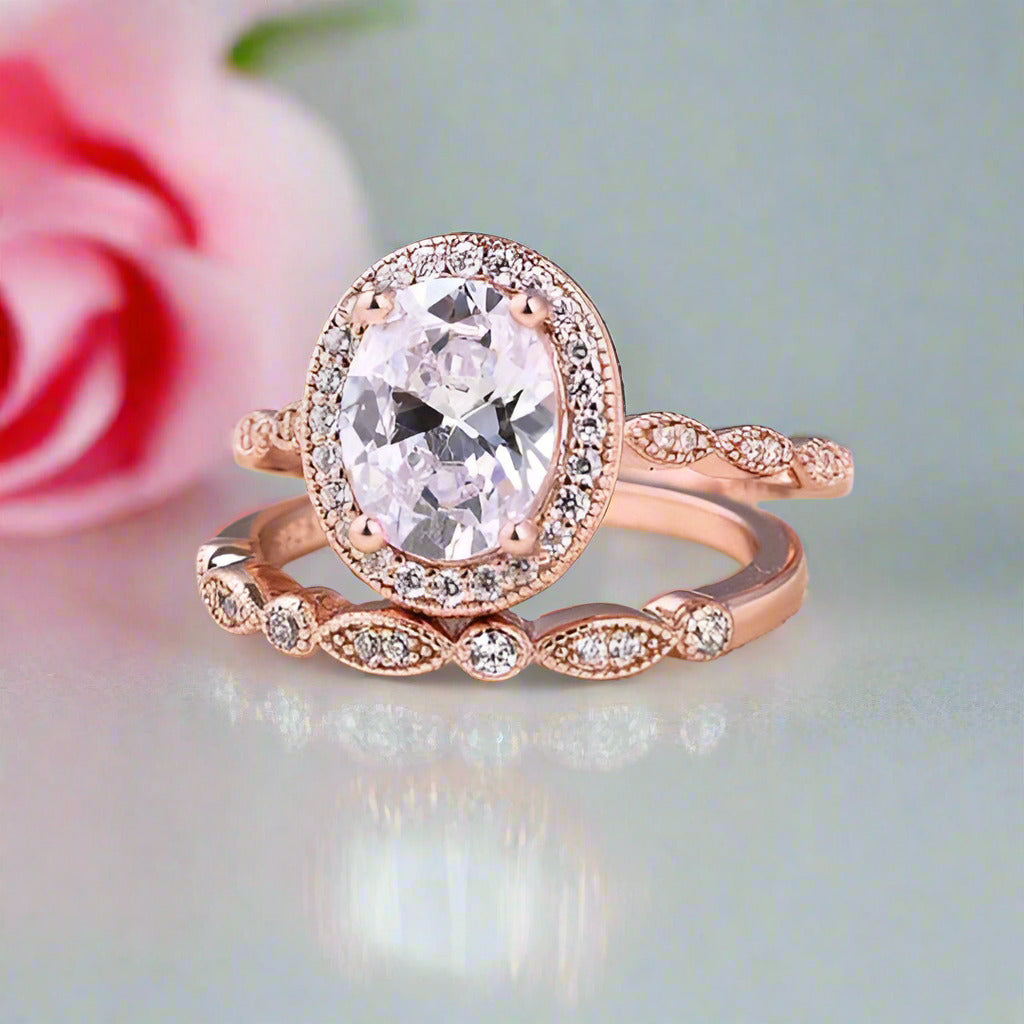 Rose Gold Vintage Leaf & Vine Art Deco Halo Oval Cut Ring Set-Black Diamonds New York