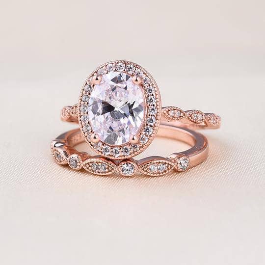 Oval Diamond Engagement Ring Set with Matching Leaf Ring