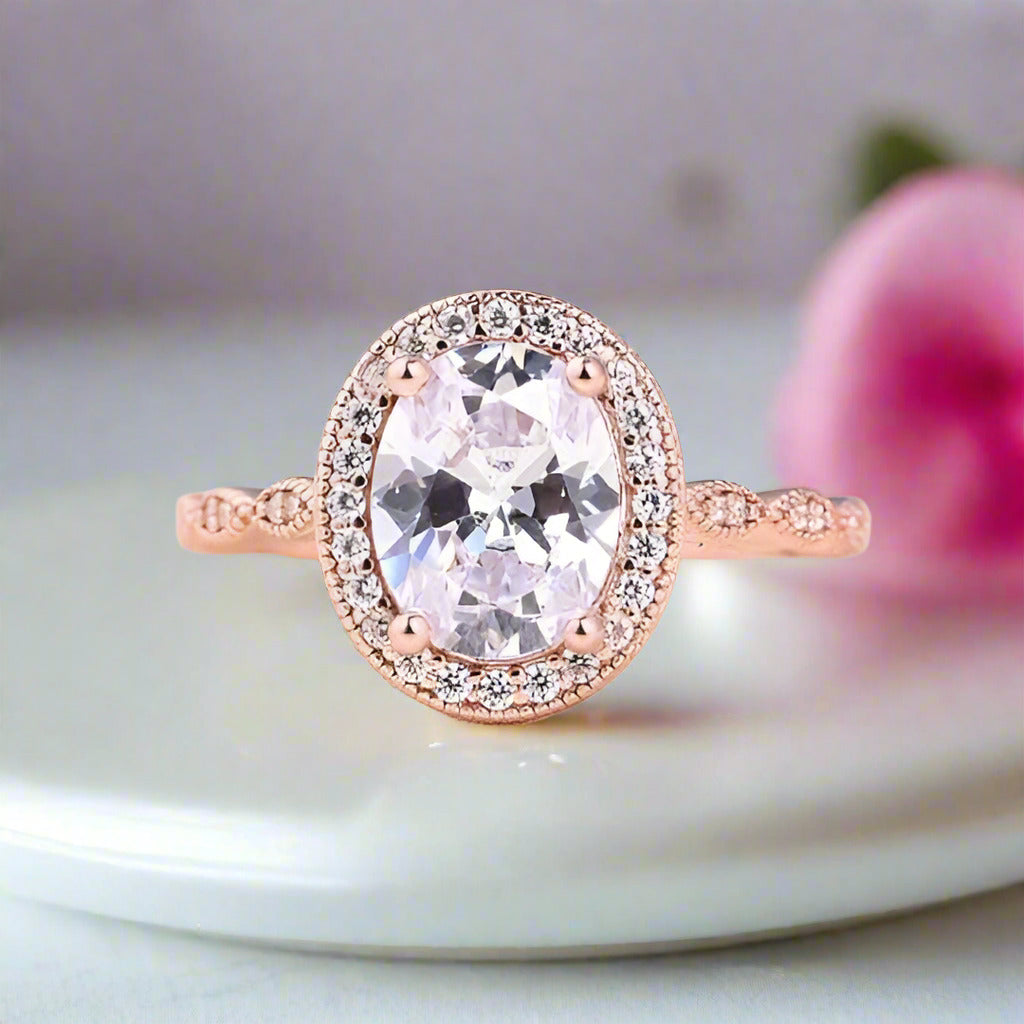 Rose Gold Vintage Leaf & Vine Art Deco Halo Oval Cut Ring Set-Black Diamonds New York