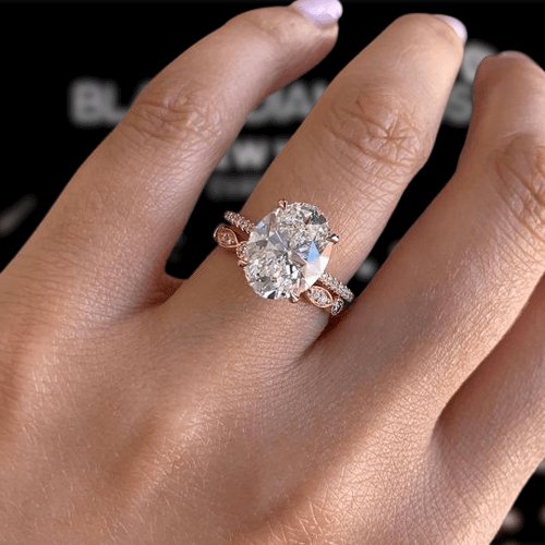 Rose Gold White Sapphire Oval Cut Wedding Ring Set-Black Diamonds New York