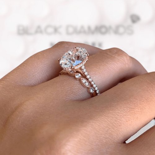 Rose Gold White Sapphire Oval Cut Wedding Ring Set - Black Diamonds New York