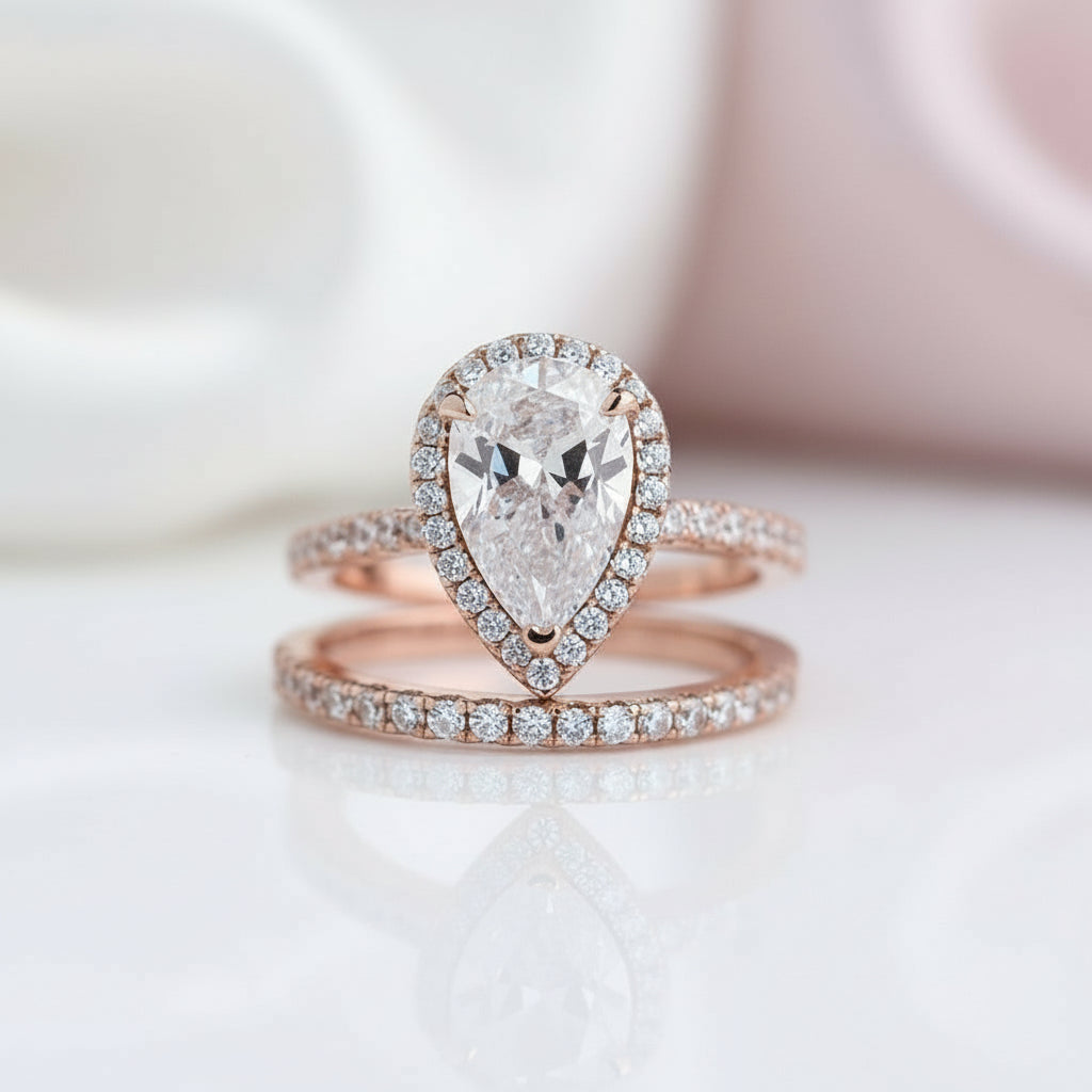 Rose Gold White Sapphire Pear Cut Wedding Ring Set-Black Diamonds New York
