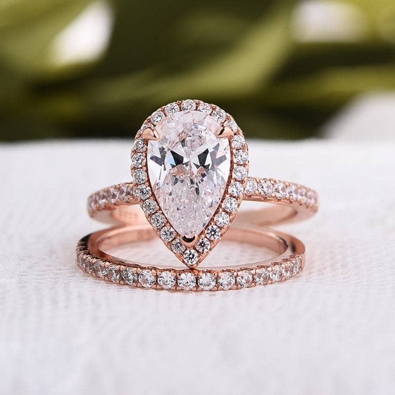 Rose Gold White Sapphire Pear Cut Wedding Ring Set - Black Diamonds New York