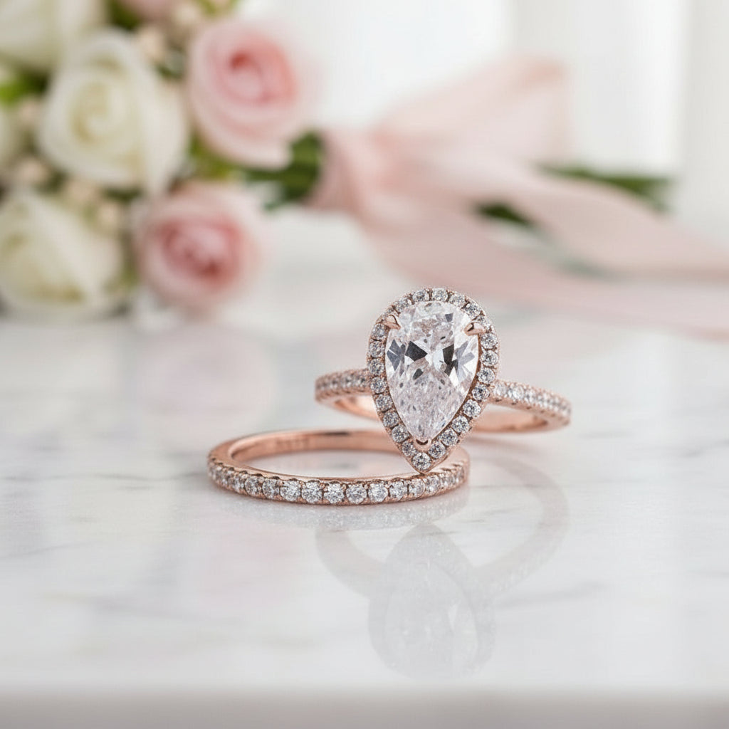 Rose Gold White Sapphire Pear Cut Wedding Ring Set-Black Diamonds New York
