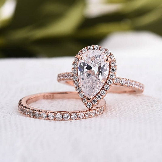 Rose Gold White Sapphire Pear Cut Wedding Ring Set-Black Diamonds New York