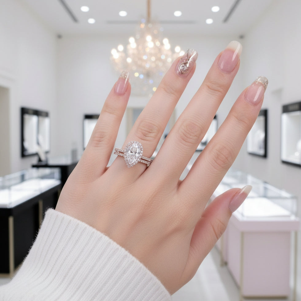 Rose Gold White Sapphire Pear Cut Wedding Ring Set-Black Diamonds New York