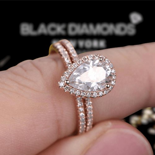 Rose Gold White Sapphire Pear Cut Wedding Ring Set - Black Diamonds New York