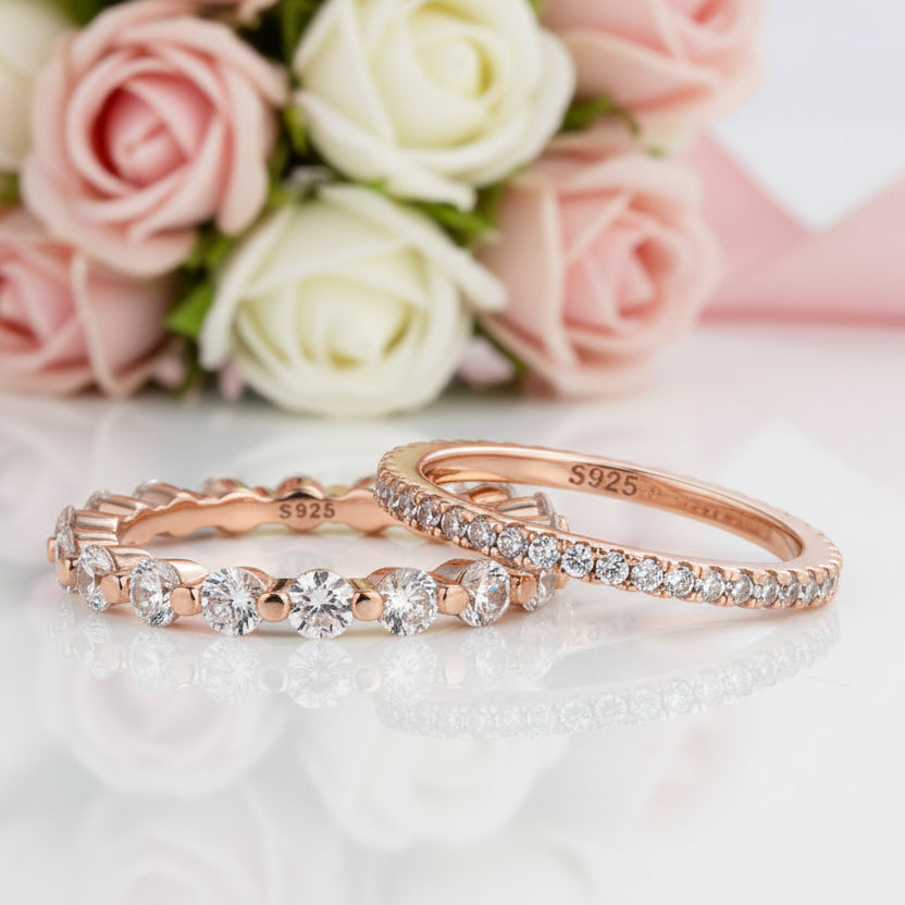 Rose Gold Women's Stackable Wedding Band Set-Black Diamonds New York