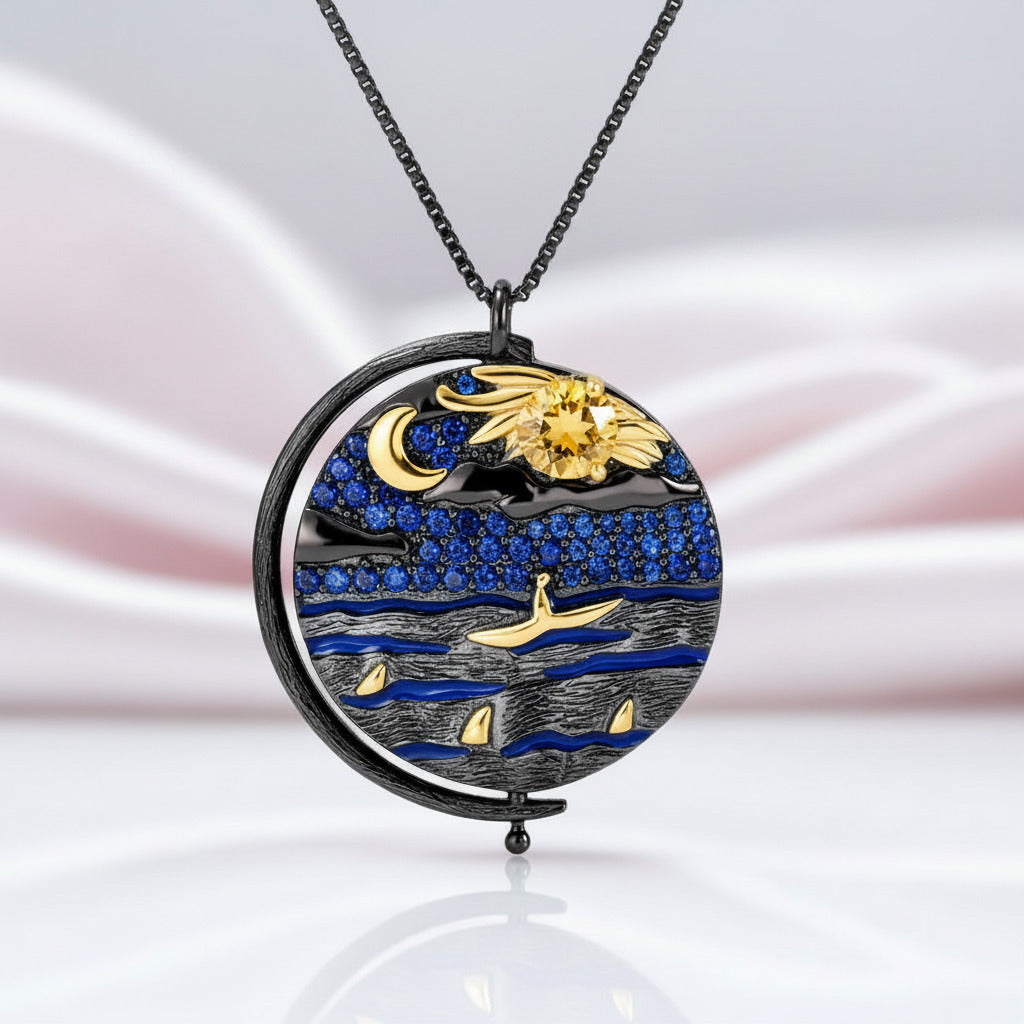 Rotatable Gemstone Charm Necklace-Black Diamonds New York